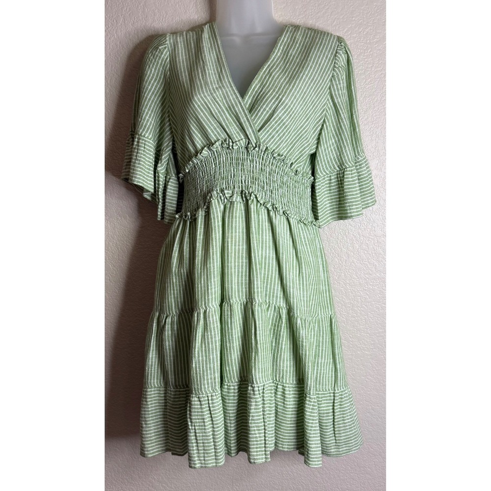 Max Studio Womens Size M Mini Dress Green White Striped Smocked Tiered Ruffle